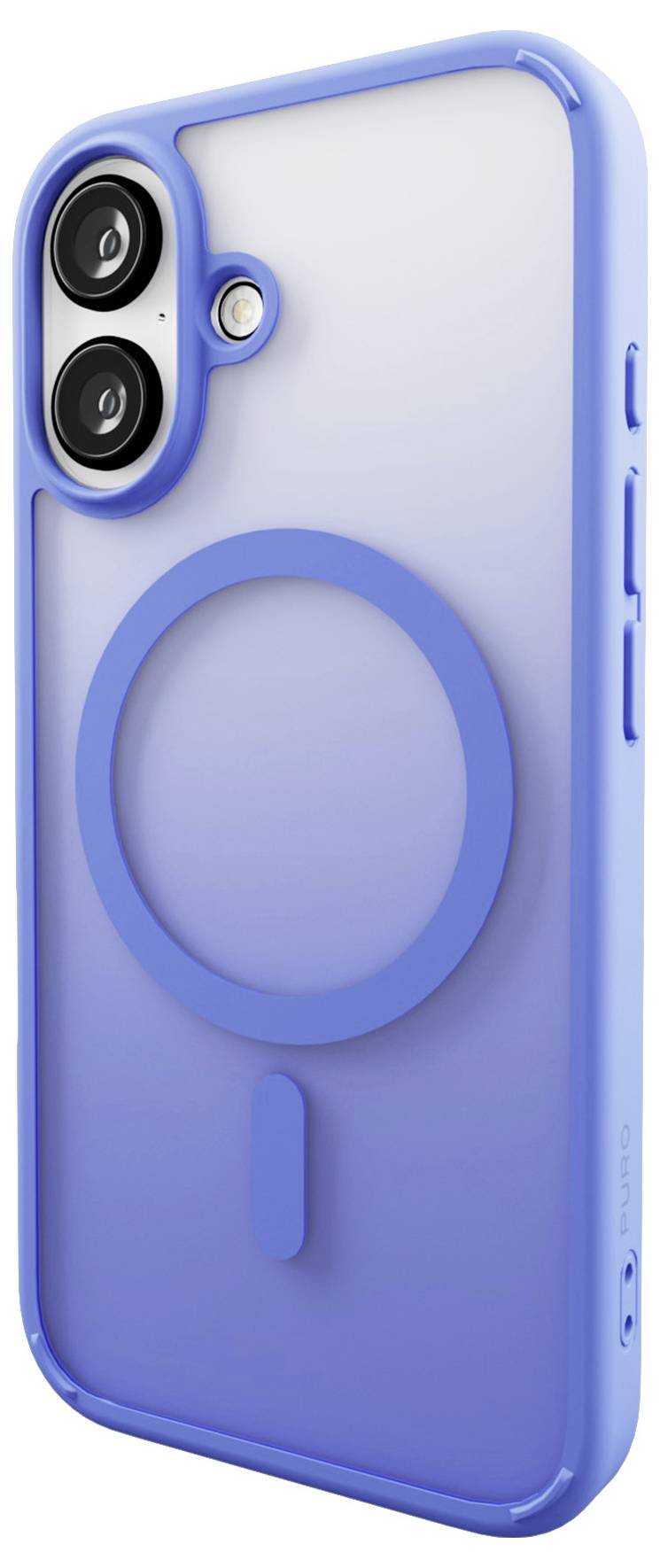 Una custodia iPhone MagSafe blu con un design circolare per l'allineamento e doppi ritagli per la fotocamera, mostrata da un'angolazione posteriore a tre quarti.
