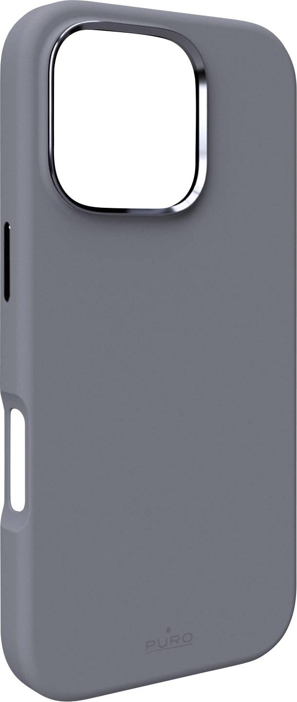 Un elegante custodia per telefono grigia con finitura liscia e tagli precisi per i pulsanti e la fotocamera, progettata per proteggere uno smartphone.