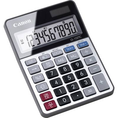 Un calcolatore Canon LS-1025C con display digitale che mostra i numeri 1234567890. Dotato di funzioni fiscali, GT e memoria con tasti appositamente etichettati.