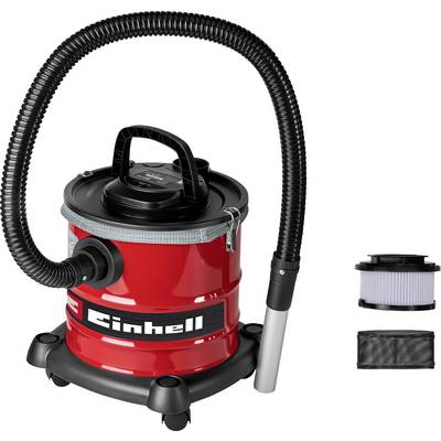 Aspirapolvere rosso con tubo e impugnatura neri, etichettato 'Einhell'. Include un filtro aggiuntivo e un sacchetto per la polvere mostrati accanto ad esso.