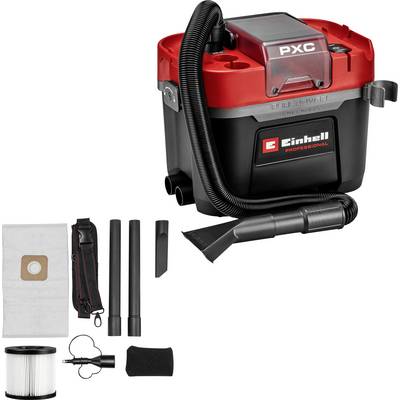 Aspirapolvere portatile dal design rosso e nero, con tubo flessibile e vari accessori tra cui filtri e prolunga per tubi.
