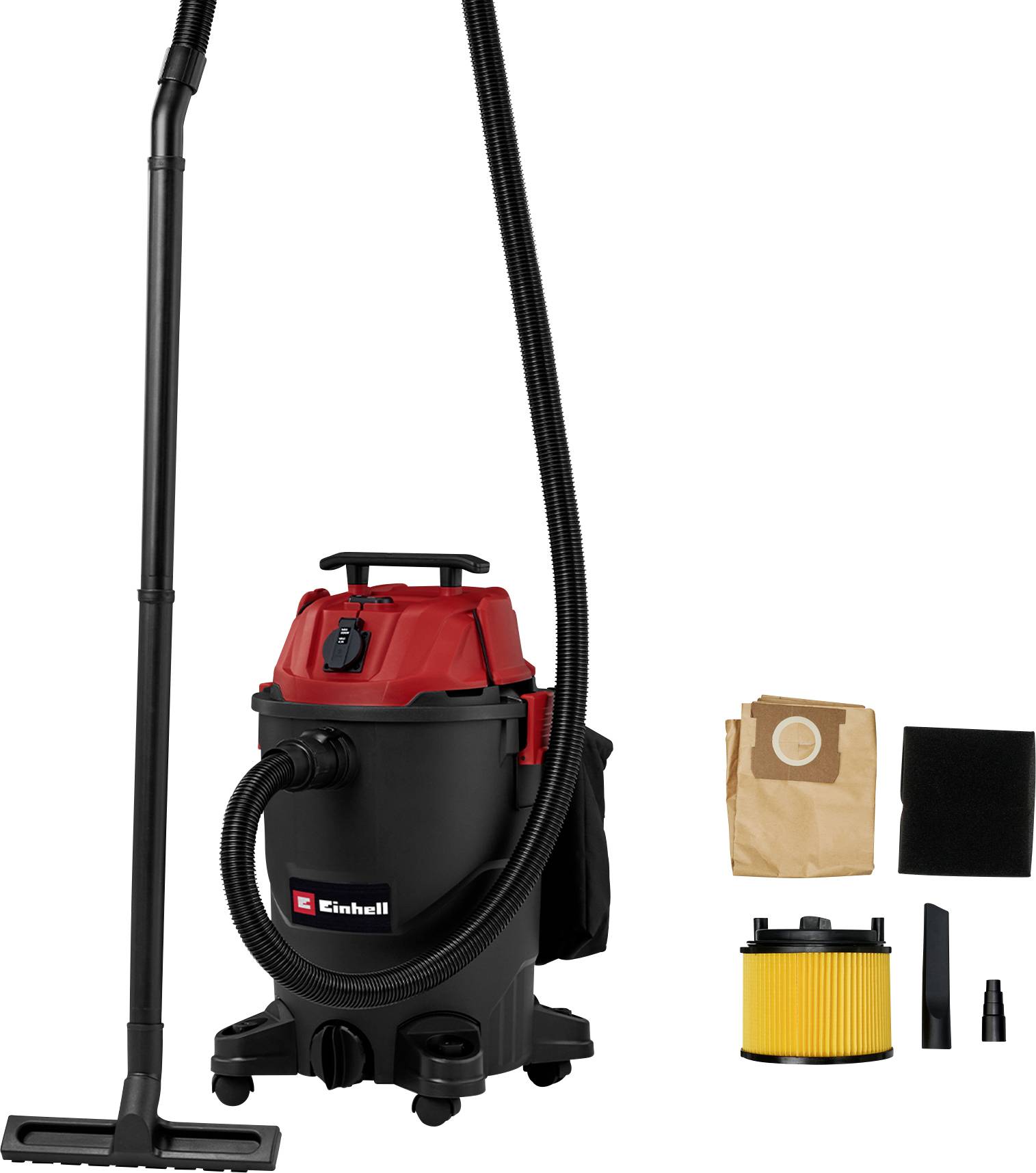 Un aspirapolvere aspiraliquidi Einhell rosso e nero con accessori e filtri posizionati accanto. Adatto a compiti di pulizia versatili.