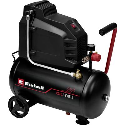 Compressore d'aria portatile Einhell senza olio con serbatoio nero, ruote, maniglia, manometro e pomello di controllo rosso.