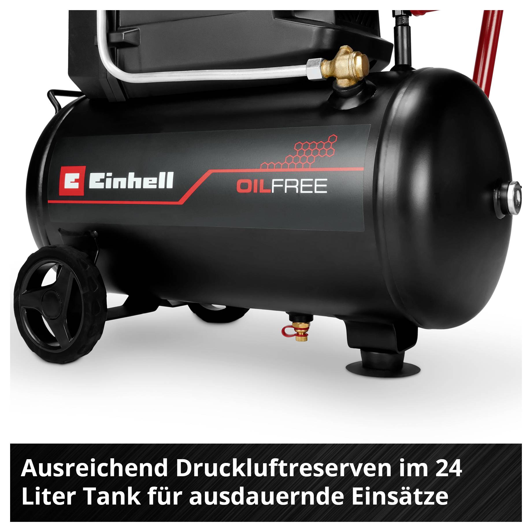 Compressore senza olio Einhell nero con serbatoio da 24 litri e ruote; Nota: 'Riserve sufficienti di aria compressa nel serbatoio da 24 litri per operazioni prolungate'.
