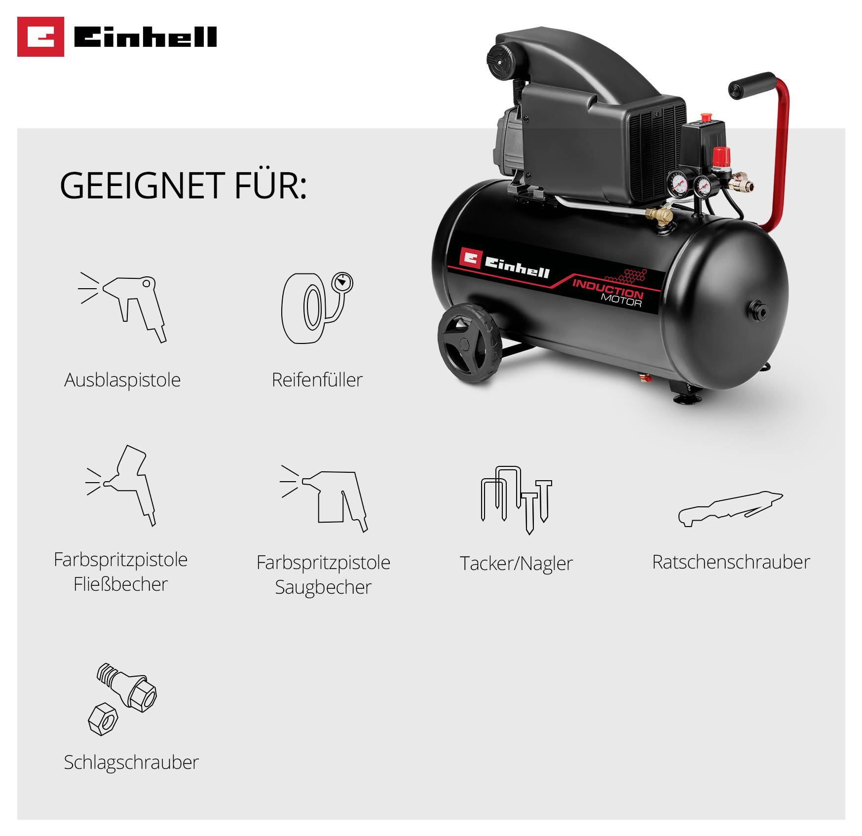 Einhell Compressore con aree di applicazione: pistola soffiante, gonfiatore pneumatici, pistola a spruzzo per vernice, graffatrice/chiodatrice, avvitatore a cricchetto.