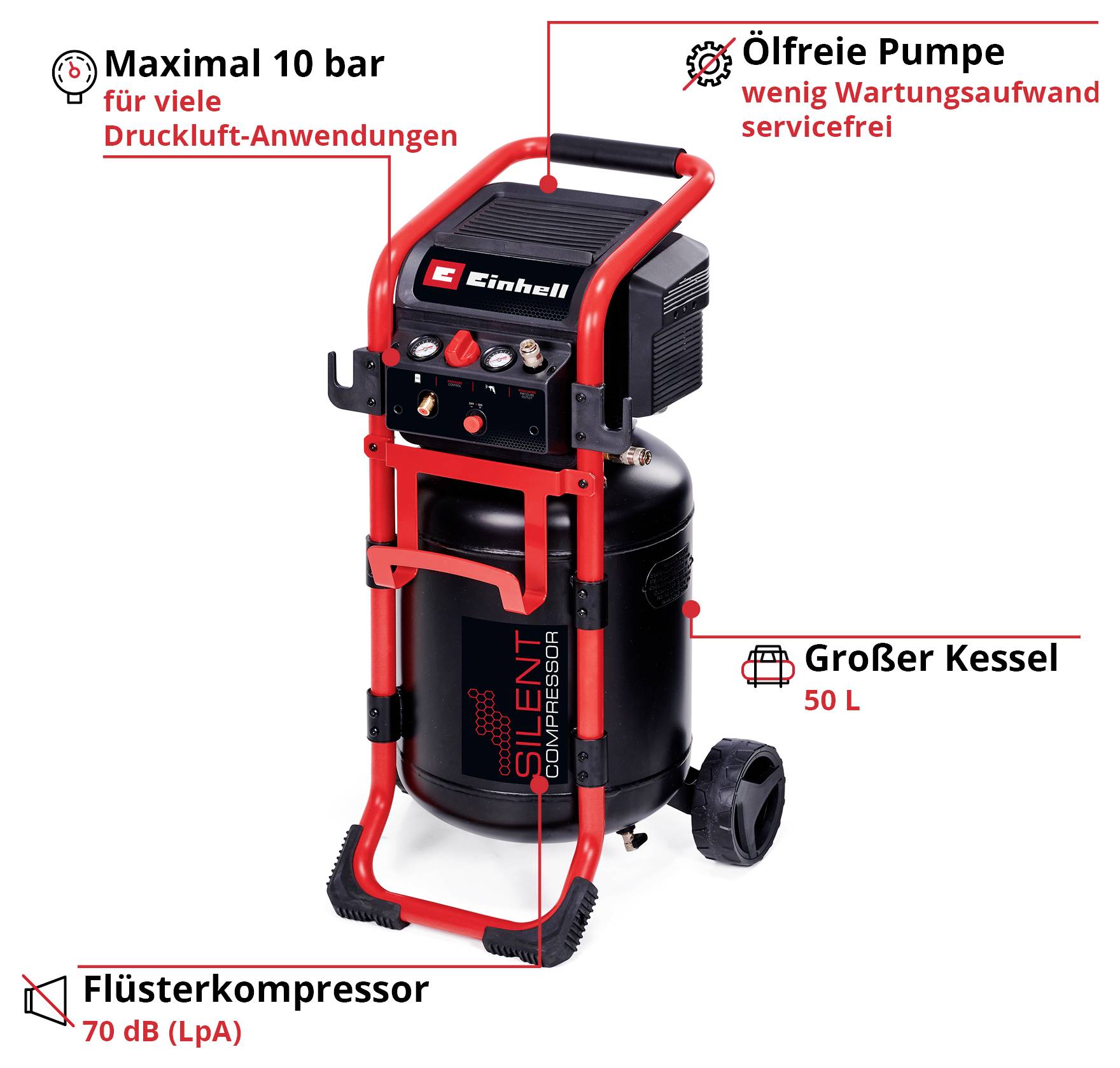 'Compressore silenzioso da 70 dB, massimo 10 bar, serbatoio da 50 L. Pompa priva di olio, manutenzione ridotta. Ideale per applicazioni pneumatiche.'