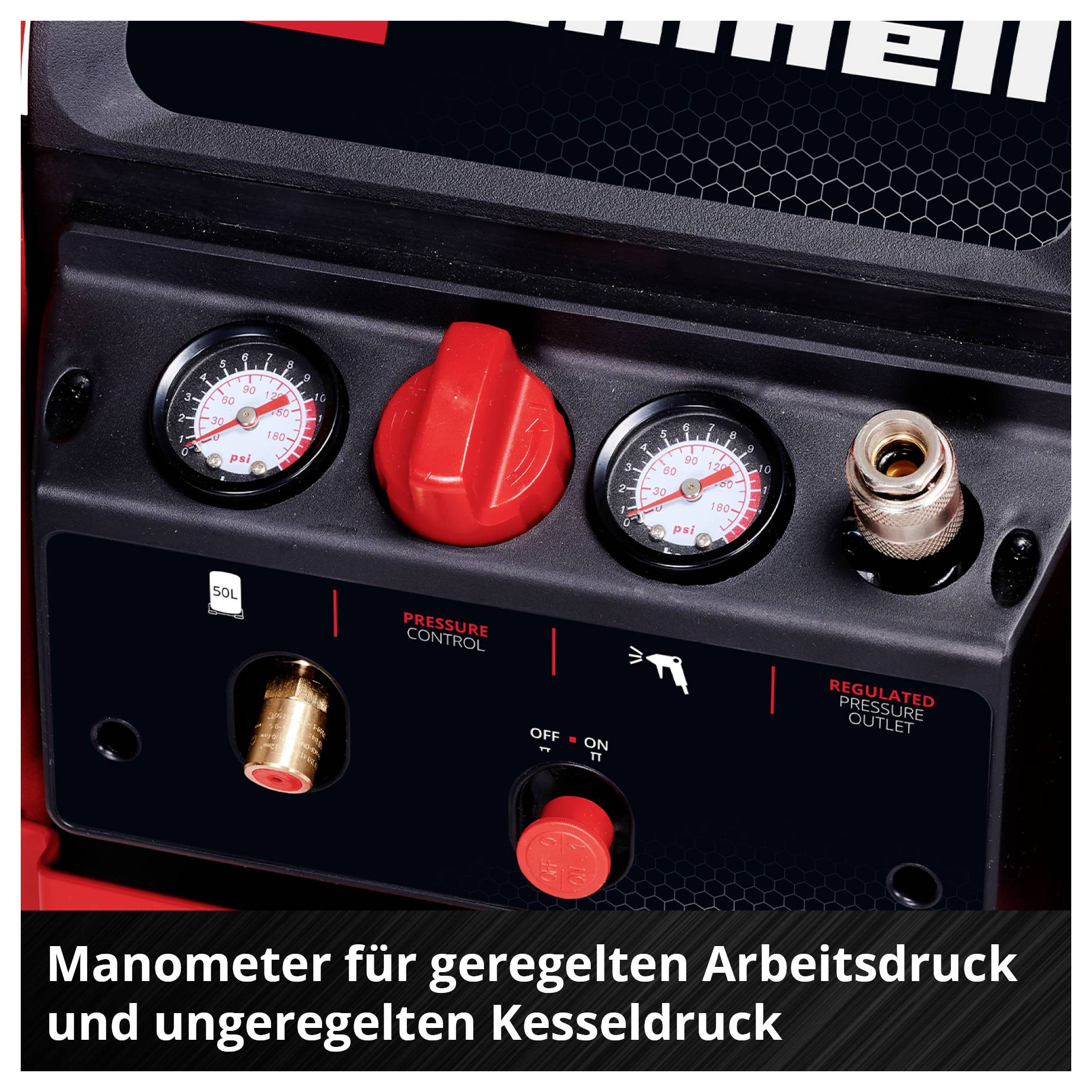 Manometro per pressione di lavoro regolata e pressione della caldaia non regolata" mostra gli elementi di indicazione e i raccordi di un compressore.