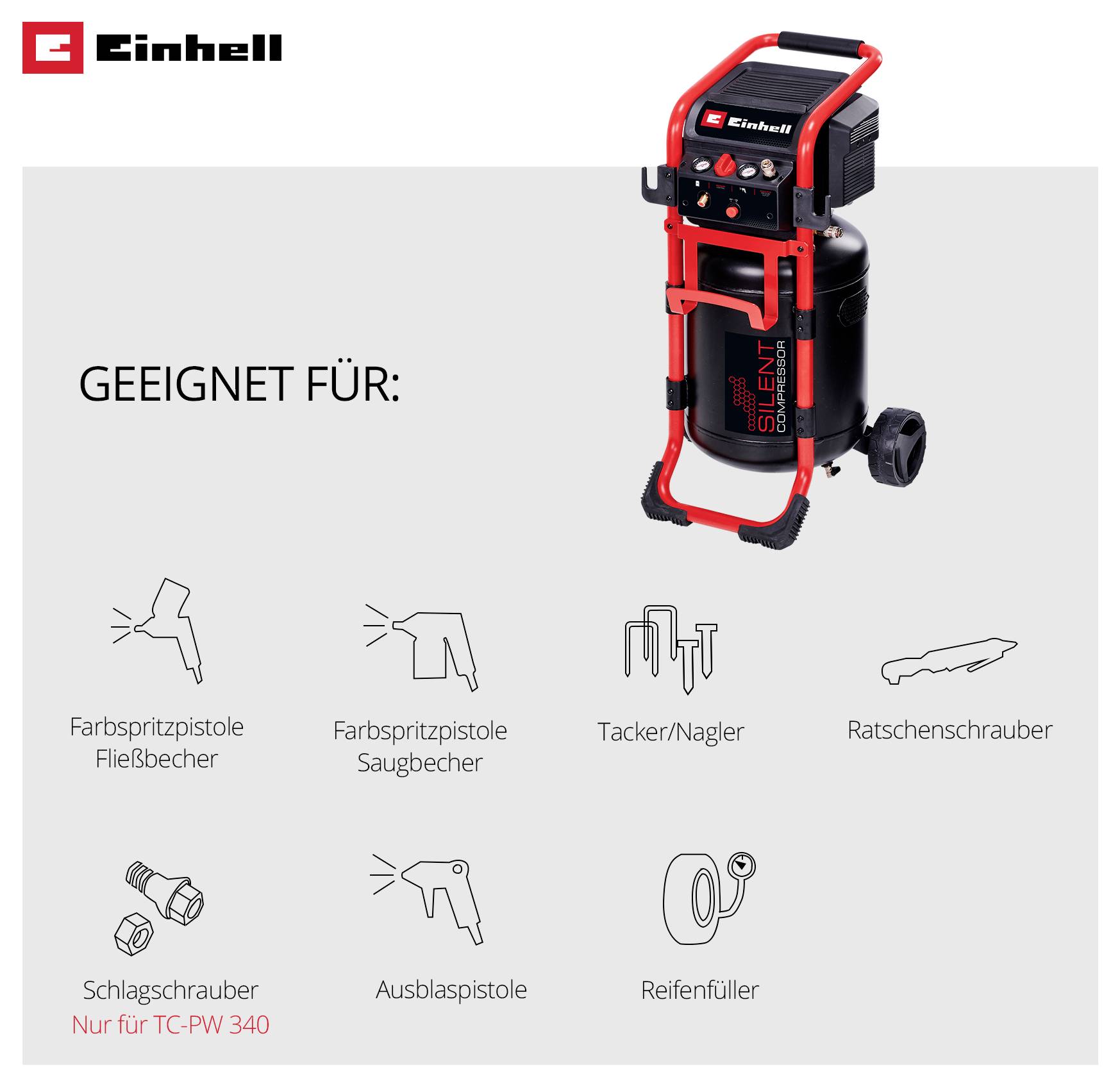 Compressore Einhell compatto e trasportabile con pressione di 8 bar, serbatoio da 50 litri; idoneo per vari utensili come pistole a spruzzo per vernice e graffatrici.