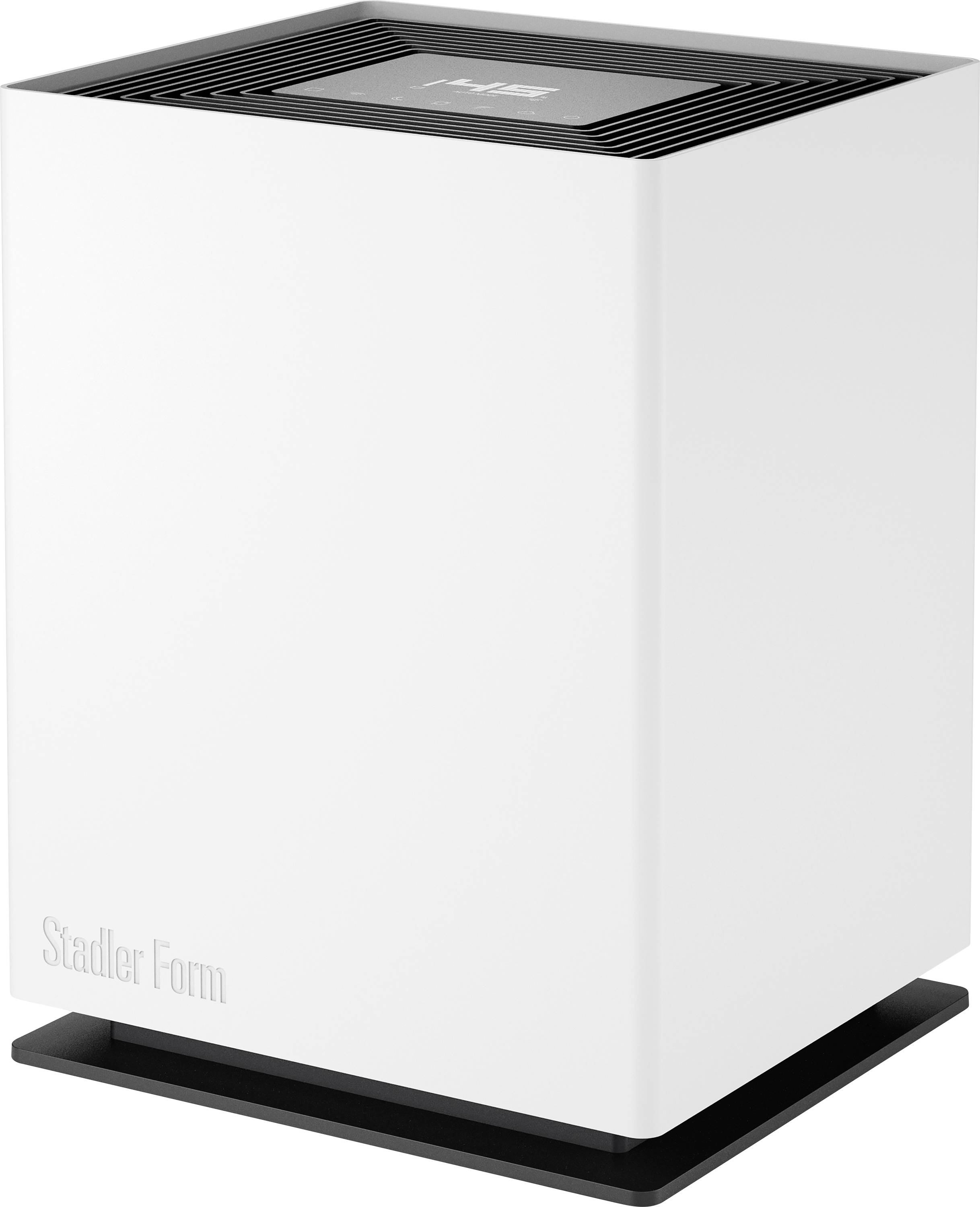 Umidificatore bianco Stadler Form su base nera, con un design a cubo minimalista e linee eleganti, adatto a interni moderni.