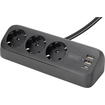Una ciabatta nera con tre prese europee e due porte USB-A sul lato etichettate per ricaricare telefoni o dispositivi.