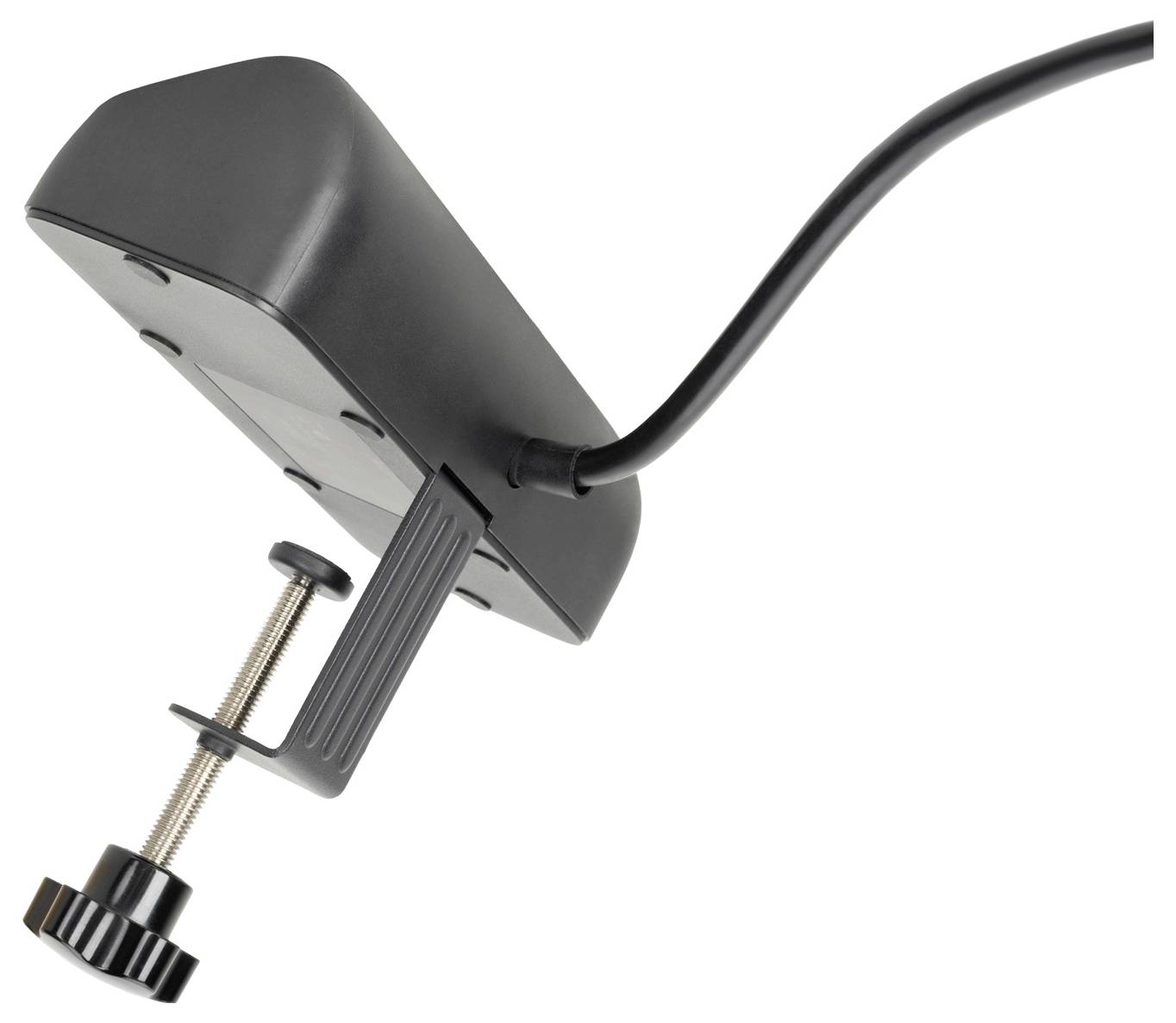 Un primo piano di un'apparecchio di illuminazione a pinza nera con una base a vite regolabile e un cavo di alimentazione che si estende dal retro.