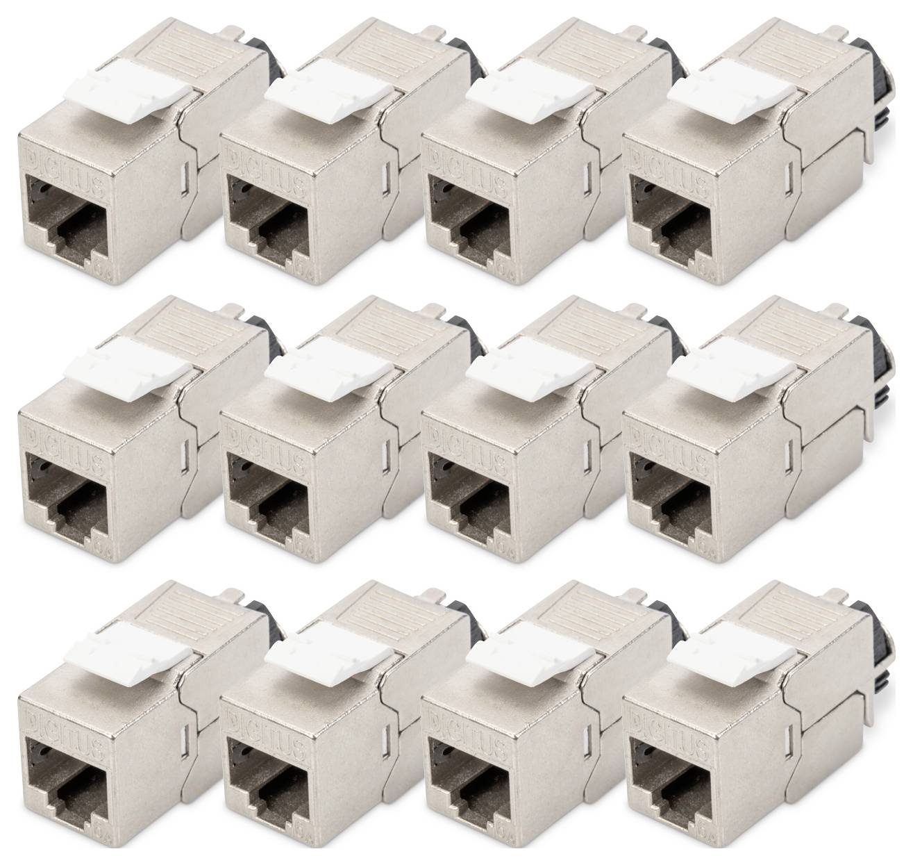 Un set di dodici connettori RJ45 in argento allineati in file, utilizzati per il cablaggio ethernet e la connettività di rete, con clip in plastica sulla parte superiore.