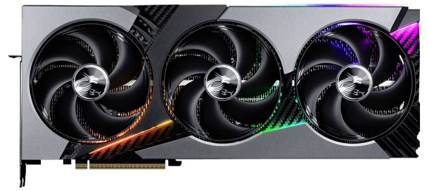 Una scheda grafica con tre grandi ventole di raffreddamento e accenti di illuminazione RGB, utilizzata per migliorare le prestazioni grafiche del computer.