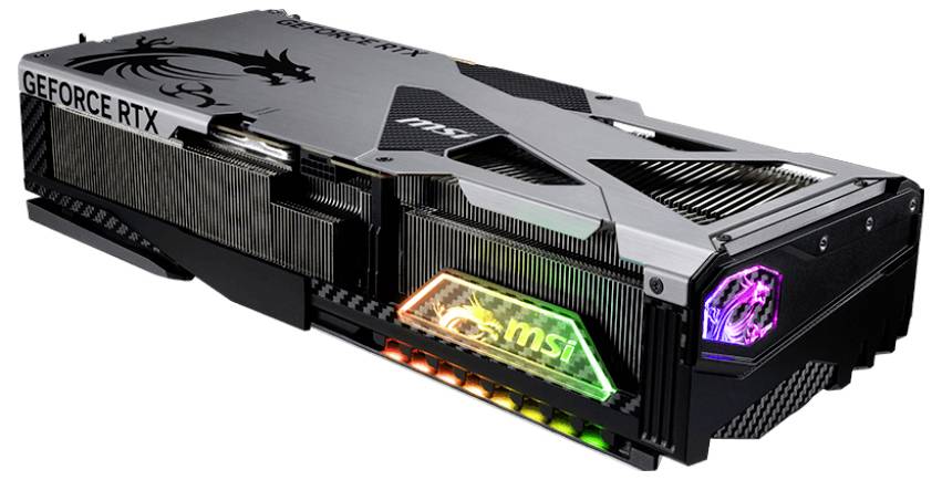 Una scheda grafica con marchio 'GEFORCE RTX', dal design elegante nero e argento, con illuminazione RGB e un emblema a forma di drago.