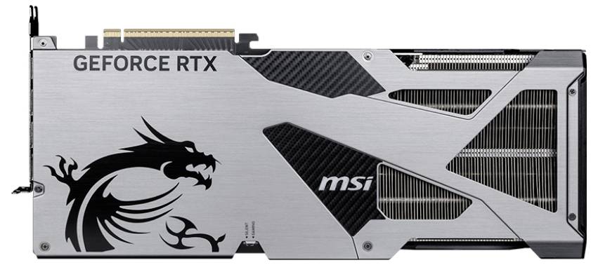 Una scheda grafica del marchio 'MSI', con un design a forma di drago ed etichettata 'GEFORCE RTX'. Ha un aspetto metallico e in fibra di carbonio.
