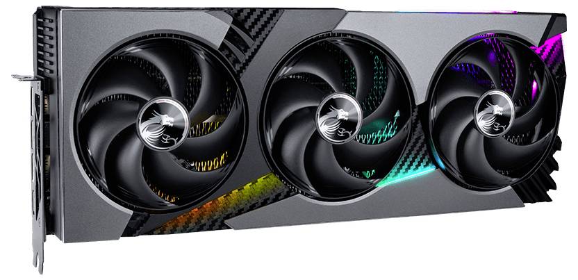 Una scheda grafica con tre ventole di raffreddamento, illuminazione RGB e un design elegante con inserti in fibra di carbonio.