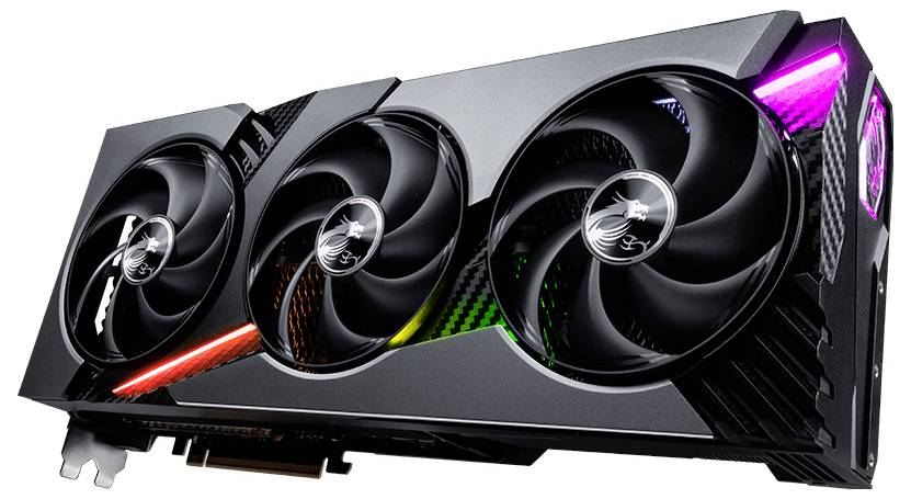 Una scheda grafica ad alte prestazioni con tre grandi ventole di raffreddamento e dettagli di illuminazione RGB, mostrata da una vista laterale angolata.