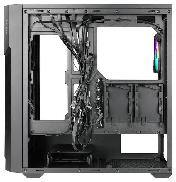 Un case di un computer aperto che mostra la struttura interna con gestione dei cavi e alloggiamento per ventole. Adatto per assemblare una configurazione PC personalizzata.