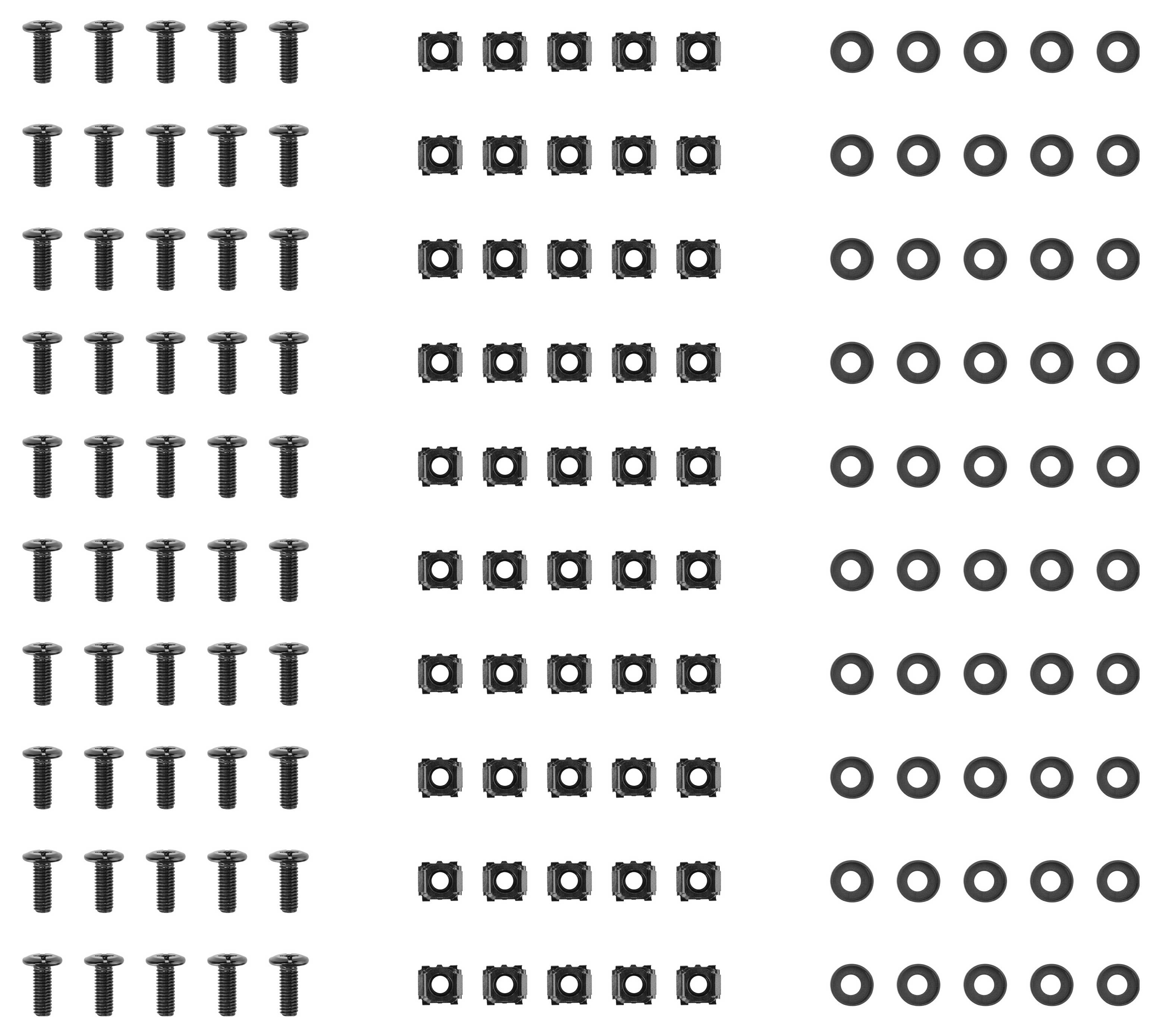 Tre colonne di parti hardware disposte in una griglia: viti nere, dadi quadrati e rondelle rotonde su uno sfondo bianco.