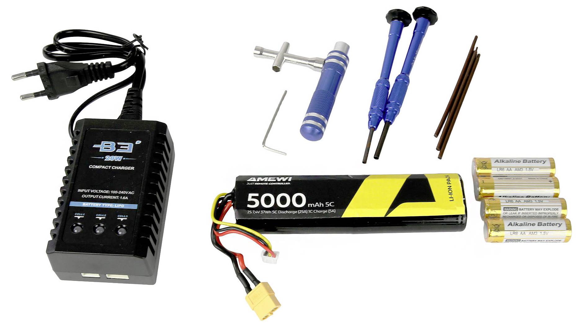 'Kit di ricarica RC che include un caricabatterie con bilanciamento, batteria LiPo, batterie alcaline, chiavi esagonali e a croce, e cacciaviti.'