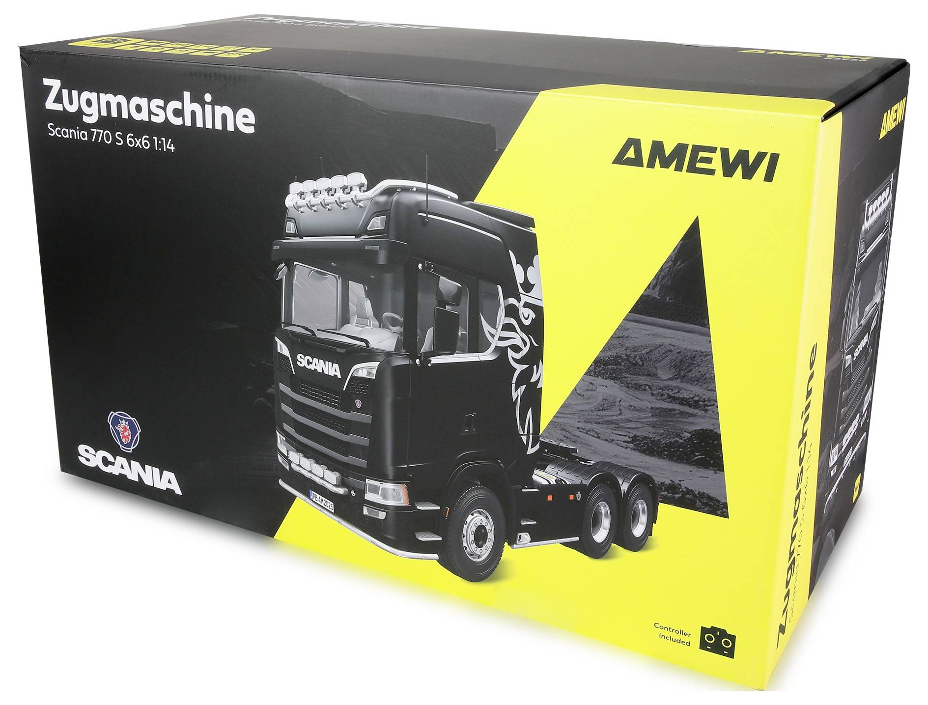 Scatola con modello di camion con il testo 'Zugmaschine Scania 770 S 6x4 1:14' e marchio 'Amewi'. Design prevalentemente nero e giallo.