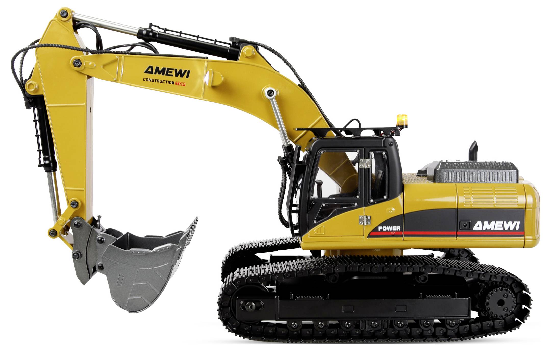 Un escavatore giallo con 'AMEWI CONSTRUCTION H845' sul braccio e 'POWER' sul corpo, dotato di un secchione metallico e ruote cingolate.