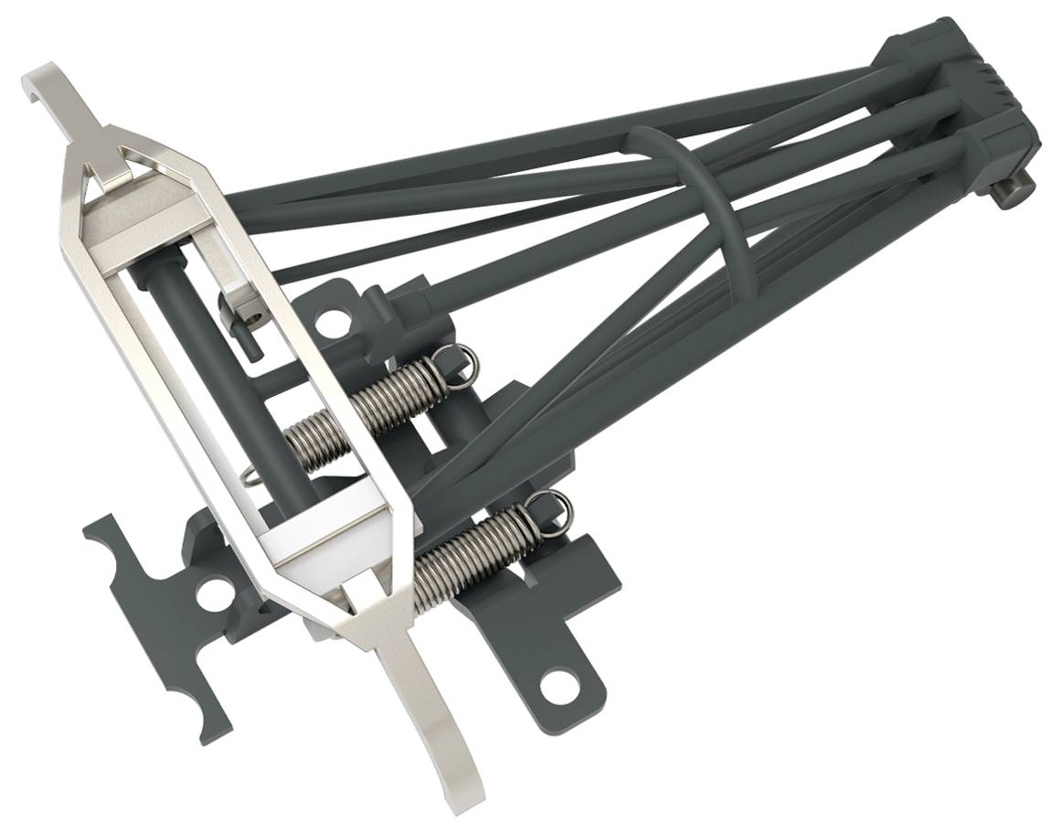 Un modello 3D di un componente meccanico che presenta molle metalliche e un meccanismo a cerniera, probabilmente parte di un sistema meccanico più ampio.