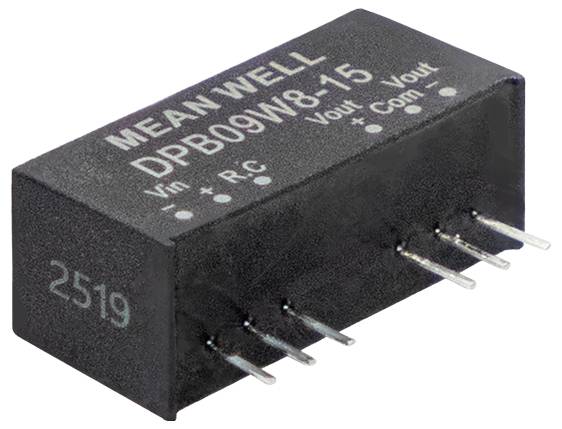 Un convertitore di tensione MEAN WELL DPB09W18-15 nero mostrato da una vista laterale angolata con piedini visibili ed etichette stampate.