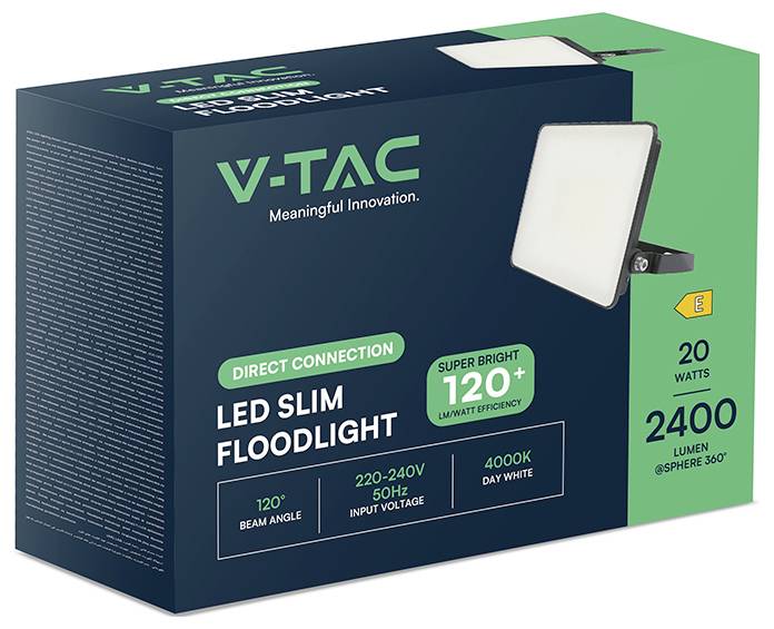 Packaging per 'V-TAC Proiettore LED Sottile' che mostra angolo di illuminazione di 120 gradi, 20 watt, 2400 lumen, ingresso 220-240V, bianco diurno 4000K.
