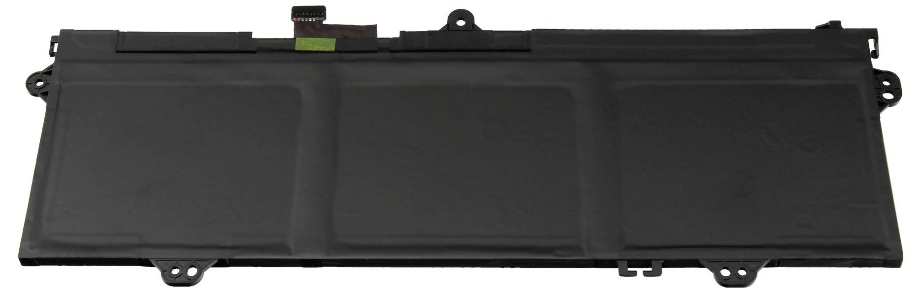 Una batteria per laptop rettangolare nera con linguette di montaggio e un connettore, posizionata su uno sfondo neutro.