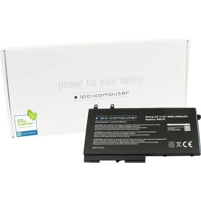 Una batteria per laptop etichettata 'ipc-computer' posizionata davanti a una scatola bianca con scritto 'power for your laptop' e 'ipc-computer' stampato su di essa.