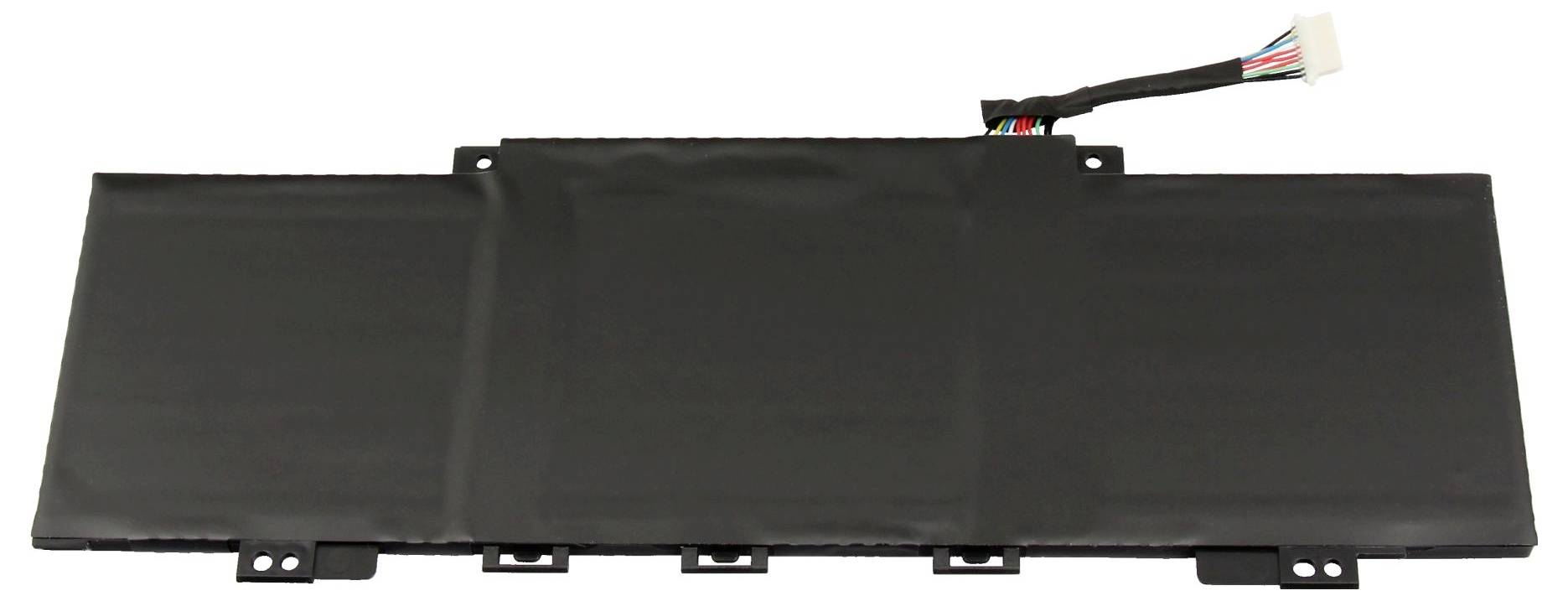 Una batteria per laptop nera, piatta e rettangolare con tre segmenti e un connettore con fili multicolore in alto, su uno sfondo bianco.