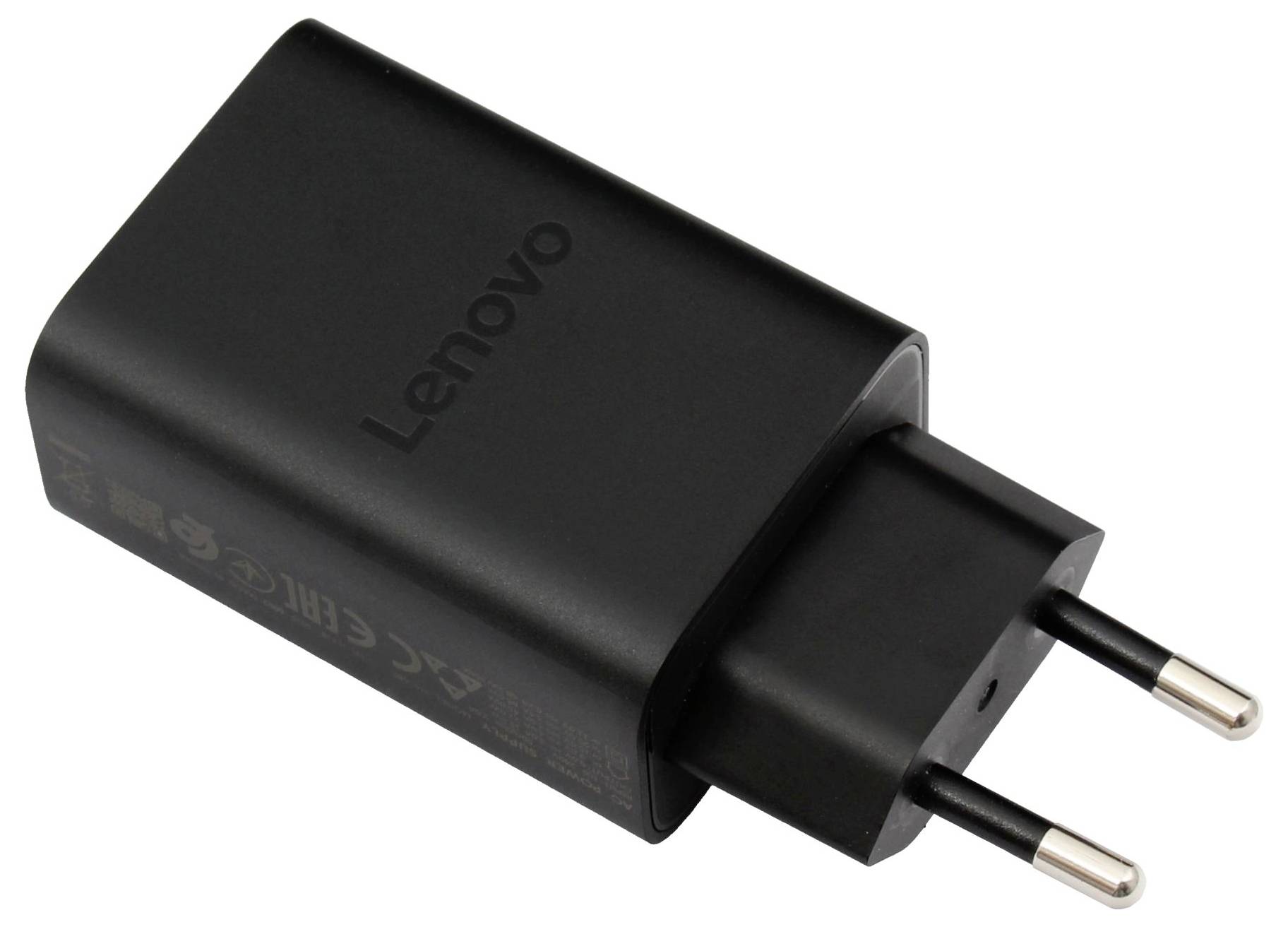Un caricabatterie da muro Lenovo nero con due poli rotondi per prese elettriche. Il caricabatterie è compatto e progettato per l'uso con dispositivi compatibili.