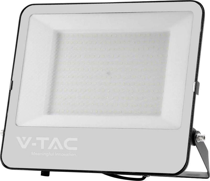 Un proiettore a LED con logo 'V-TAC Meaningful Innovation', in un involucro rettangolare elegante. Adatto per l'illuminazione esterna.