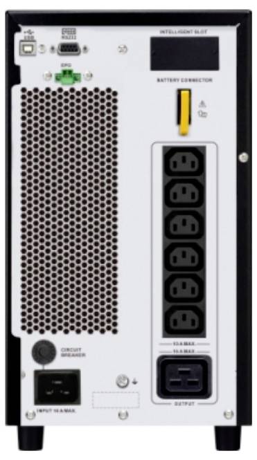 Vista posteriore di un dispositivo di backup energetico che mostra molteplici prese di corrente, un connettore per batteria, un interruttore automatico e una ventola per il raffreddamento.