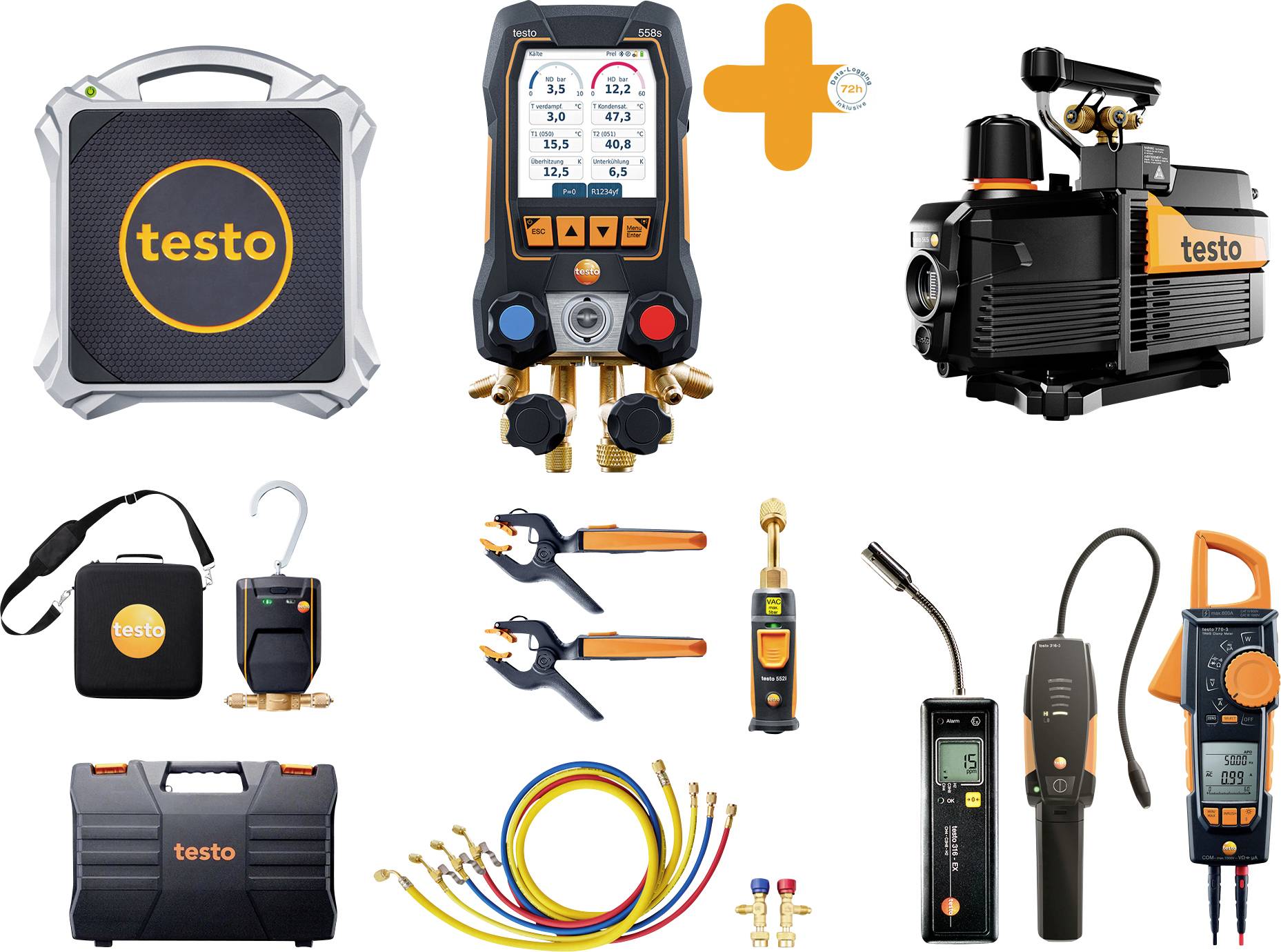 'Kit strumentazione HVAC' con collettore digitale, pompa, utensili, tubi flessibili e custodie per il trasporto progettati per diagnostica professionale di riscaldamento e raffreddamento.