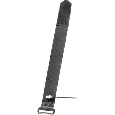 Una cinghia nera con chiusura a strappo con un gancio su un'estremità e un piccolo anello regolabile vicino al centro, utilizzata per fissare o raggruppare oggetti.