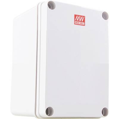 Un involucro bianco MEAN WELL con un logo rosso sul davanti, progettato per alloggiare componenti elettronici.