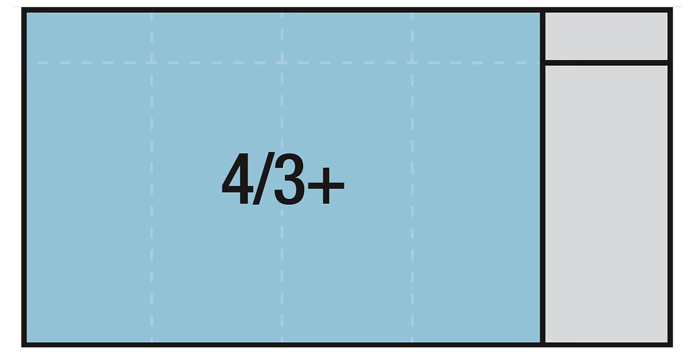 Un rettangolo blu etichettato '4/3+' con un rettangolo grigio più piccolo sulla destra, che suggerisce un confronto di layout o proporzioni.