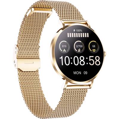 Smartwatch dorato con cinturino a maglia che mostra l'ora '10:08', la data 'Lun 09' e icone di attività per passi, distanza e frequenza cardiaca.