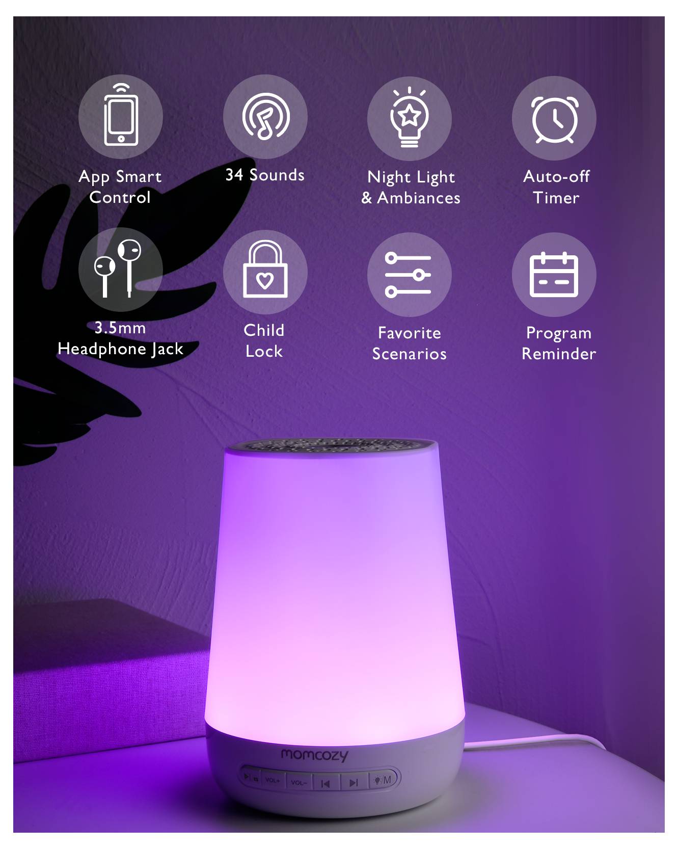 Una luce notturna intelligente con un bagliore viola. Le funzionalità includono controllo tramite app, 34 suoni, luce notturna, timer, jack per cuffie, blocco bambini e scenari personalizzabili.