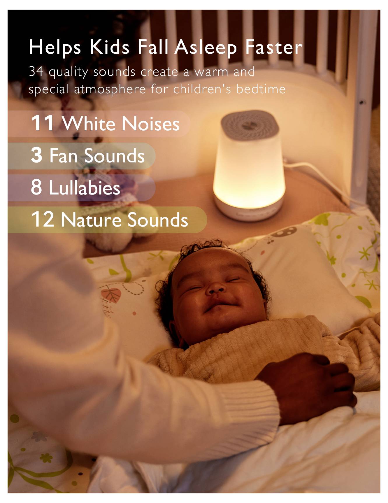 Un bambino dorme pacificamente in una culla con una luce soffusa nelle vicinanze. Il testo evidenzia 'Aiuta i Bambini ad Addormentarsi Più Velocemente' con opzioni sonore: 11 rumori bianchi, 3 suoni di ventilatore, 8 ninna nanne e 12 suoni della natura.