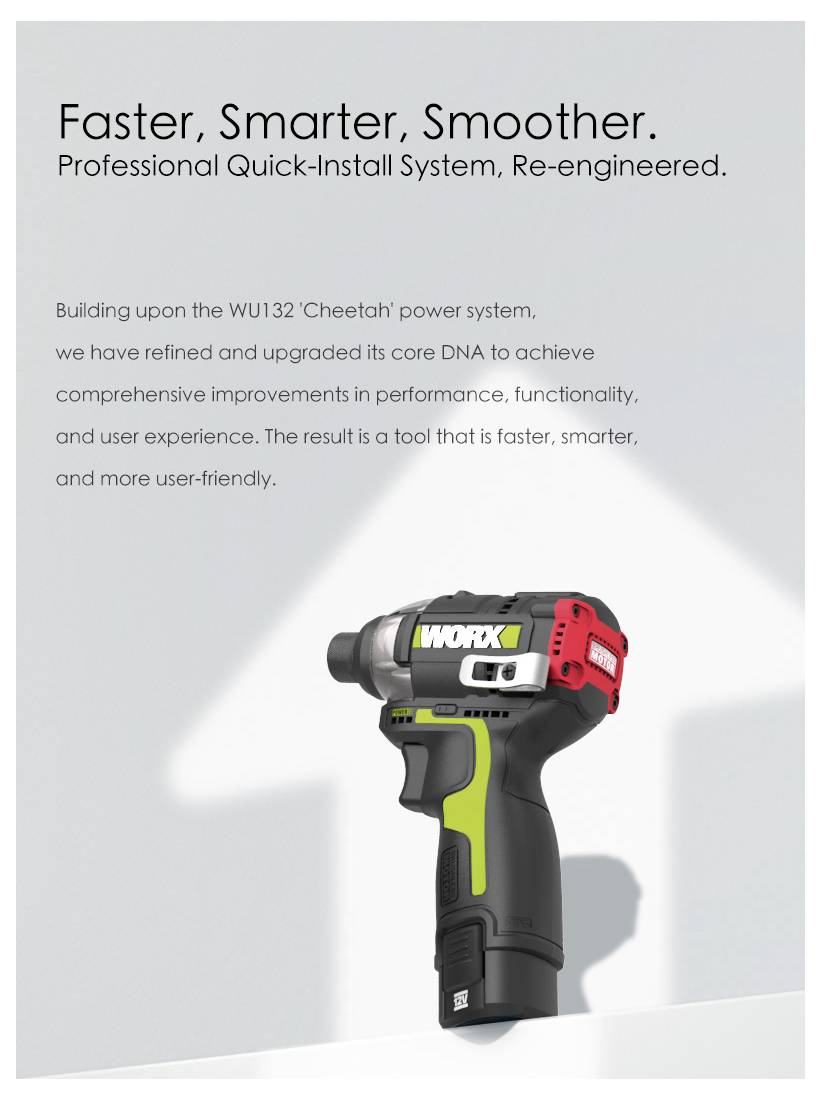 "Più veloce, più intelligente, più fluido. Sistema di installazione rapida professionale, riprogettato." Immagine di un utensile elettrico con enfasi sulle caratteristiche migliorate.