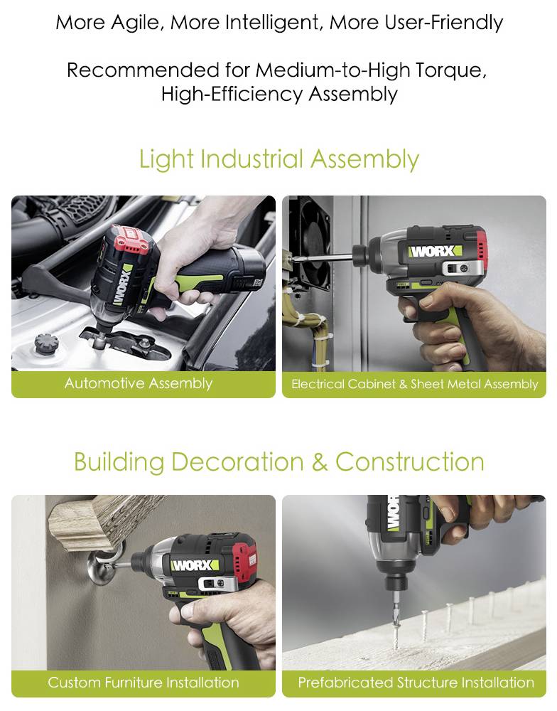 'Immagine che mostra tre applicazioni di un utensile elettrico: assemblaggio automobilistico, montaggio di quadri elettrici e lamiera, e installazione in edilizia.'