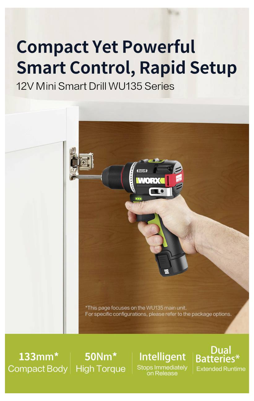 Controllo intelligente compatto ma potente, configurazione rapida<br><br>Immagine di una mano che utilizza un trapano Worx su un mobile.<br><br>Caratteristiche principali: corpo compatto 133mm, coppia elevata 50Nm, rilascio intelligente, batterie doppie.