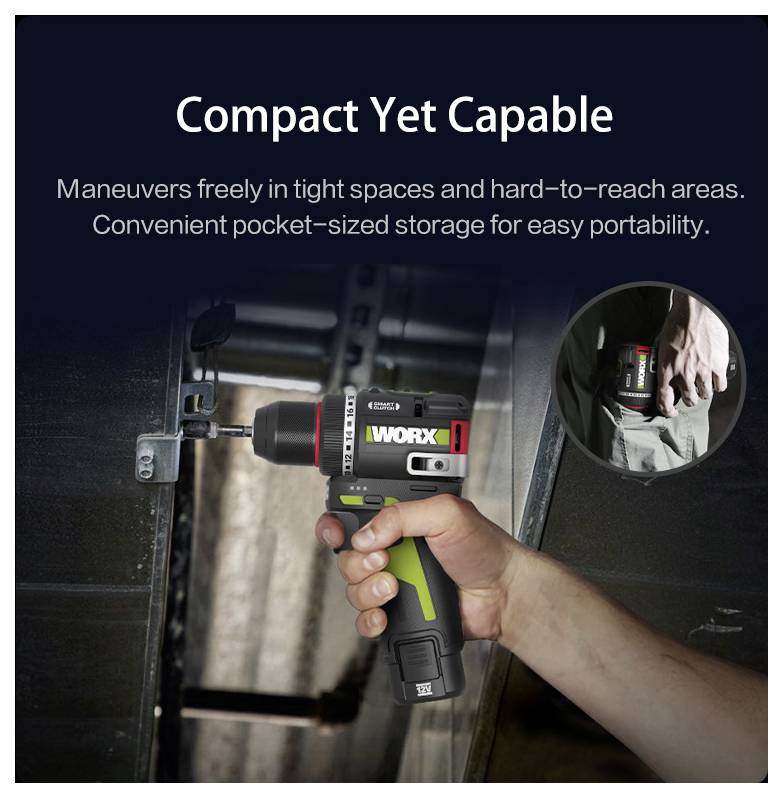 Una persona utilizza un trapano elettrico compatto in uno spazio ristretto; l'ingrandimento mostra il trapano che si adatta a una tasca. Il testo recita: 'Compatto ma Potente.'