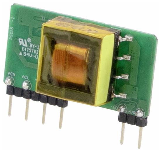 Un piccolo componente elettronico con una scheda a circuito stampato verde e una bobina di rame, dotato di più pin per la connettività.