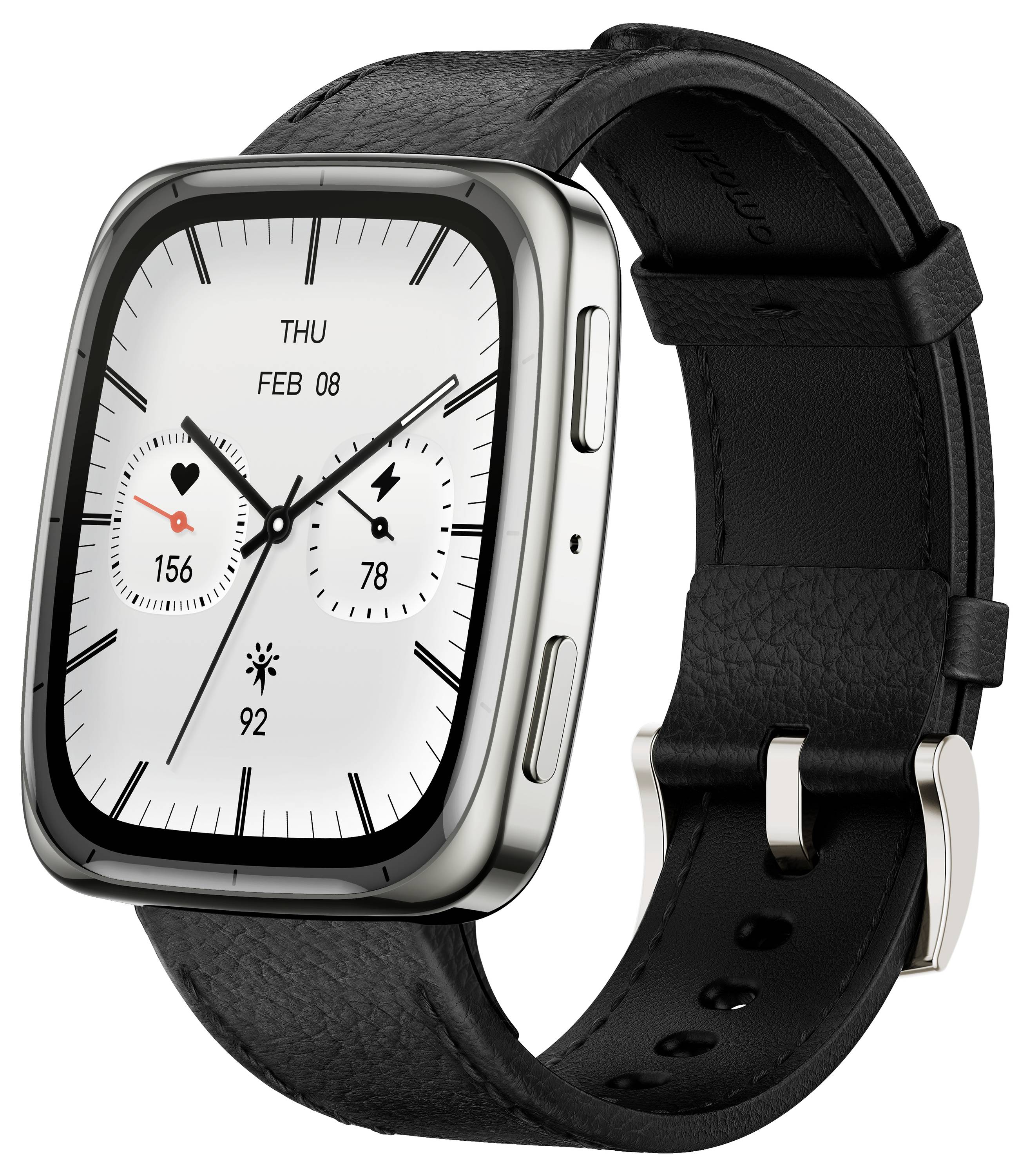 Un smartwatch con un cinturino in pelle nera visualizza la data 'Gio, Feb 8' e lancette digitali. Mostra inoltre statistiche sulla salute, inclusi battito cardiaco e passi.