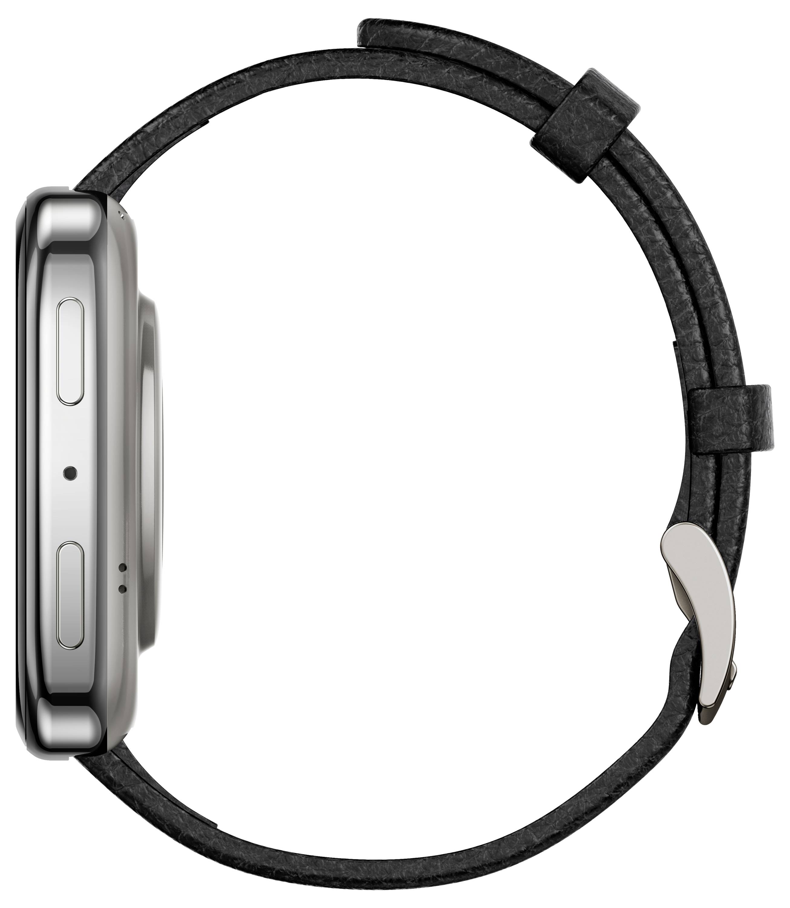 Una vista laterale di uno smartwatch con custodia in metallo e cinturino in pelle nera, con due pulsanti sul lato.