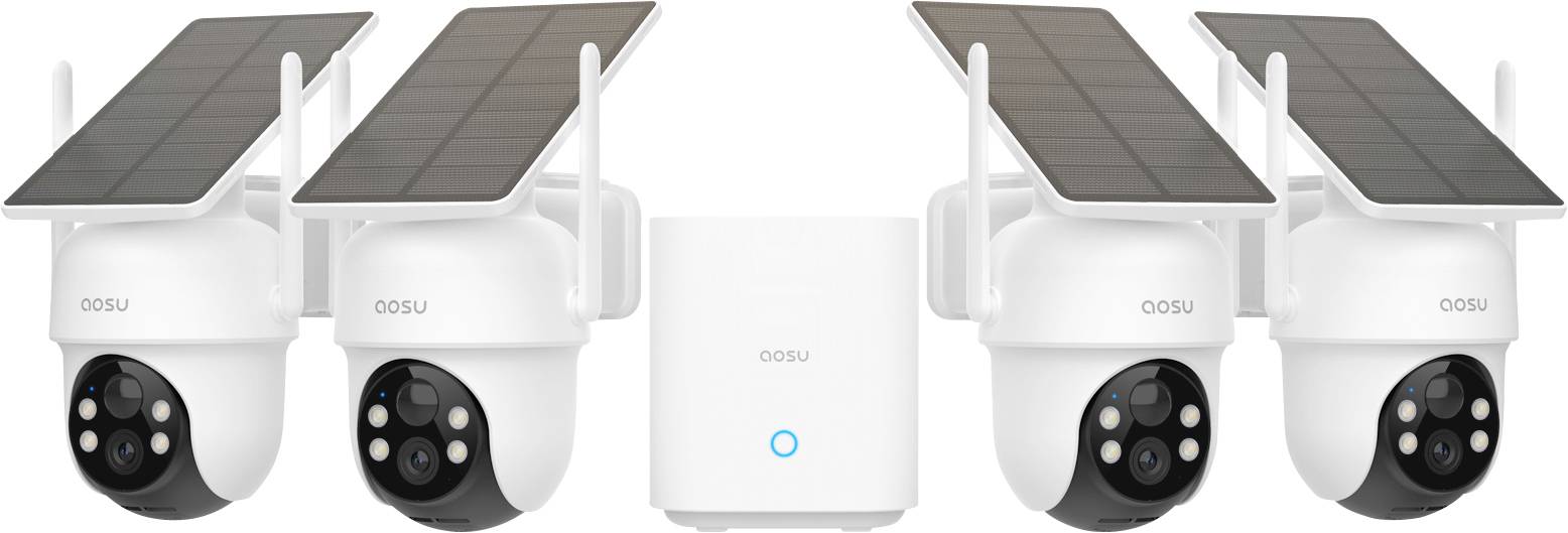 Quattro telecamere di sicurezza alimentate ad energia solare con antenna che circondano un dispositivo centrale bianco, con un indicatore luminoso blu.